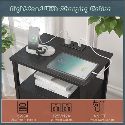 sthmec Nightstand with Charging Station,LED Black Nightstand with 4 Fabric Drawers PU Finish, Bedside End Tables, 2-Tier Open Storage Shelf Side Table Nightstand with Drawers for Bedroom,Black