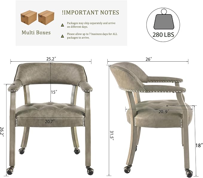 LEEMTORIG Set of 6 Dining Chairs with Casters and Arms, Large Rolling Dining Chairs with Wheels, Accent Poker Table Chairs, Solid Wood Office Desk Chairs, 26"D x 25.2"W x 31.5"H, Soft Grey SY-1318-UA