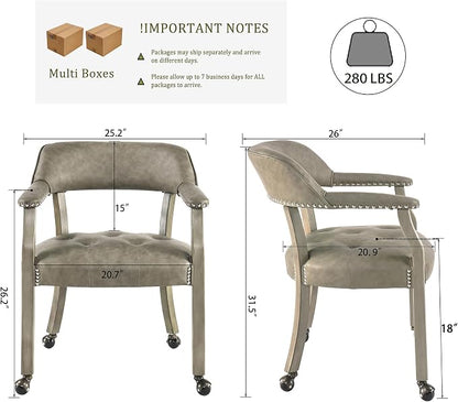 LEEMTORIG Set of 6 Dining Chairs with Casters and Arms, Large Rolling Dining Chairs with Wheels, Accent Poker Table Chairs, Solid Wood Office Desk Chairs, 26"D x 25.2"W x 31.5"H, Soft Grey SY-1318-UA