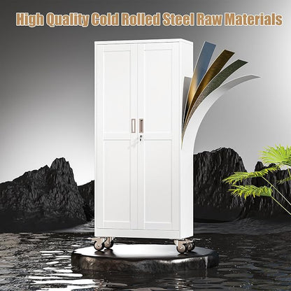 74" H Metal Pantry Storage Cabinet with Wheels,Rolling Kitchen Pantry Cabinet with 2 Doors and 5 Adjustable Shelves, Locker Steel Cabinet,Organization Cabinet for Garage,Home,Gym,School,White