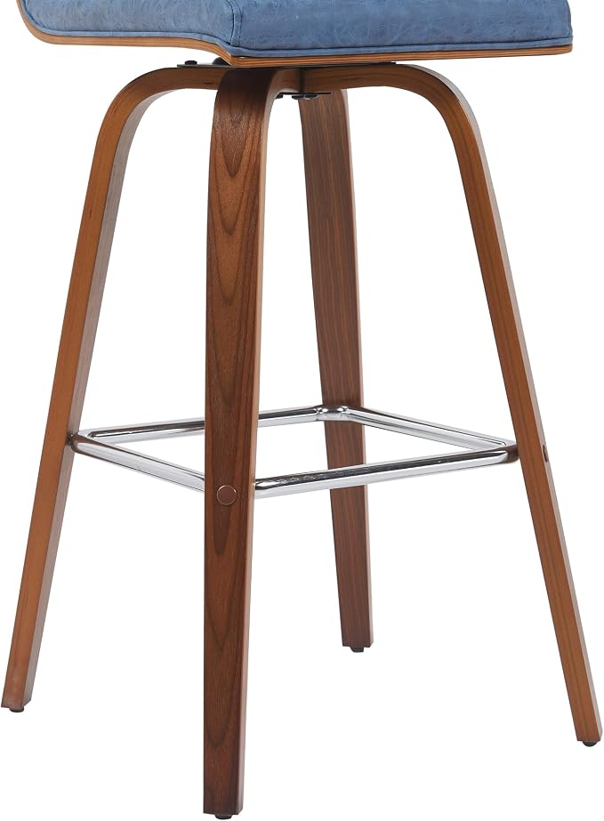 Vienna Modern Swivel Bar Height Stool with Vintage Blue Upholstered Seat and Walnut Finished Wood Frame Set of 4