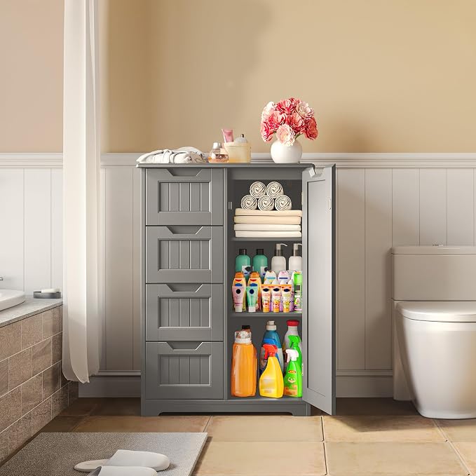 Gizoon Small Pantry with Door and Shelves, 33'' Kitchen Pantry Cabinet Freestanding Wooden Bathroom Storage Cabinet with 4 Drawers for Kitchen and Dining Room, Gray, Painted