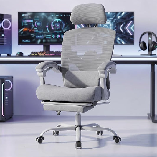 DUMOS Home Office Desk Chair with Footrest, High-Back Mesh Rolling Swivel Reclining Chairs with Wheels, Comfortable Headrest, Lumbar Support, Comfy Arms for Home, Office, Gaming, Student,Elegant Grey