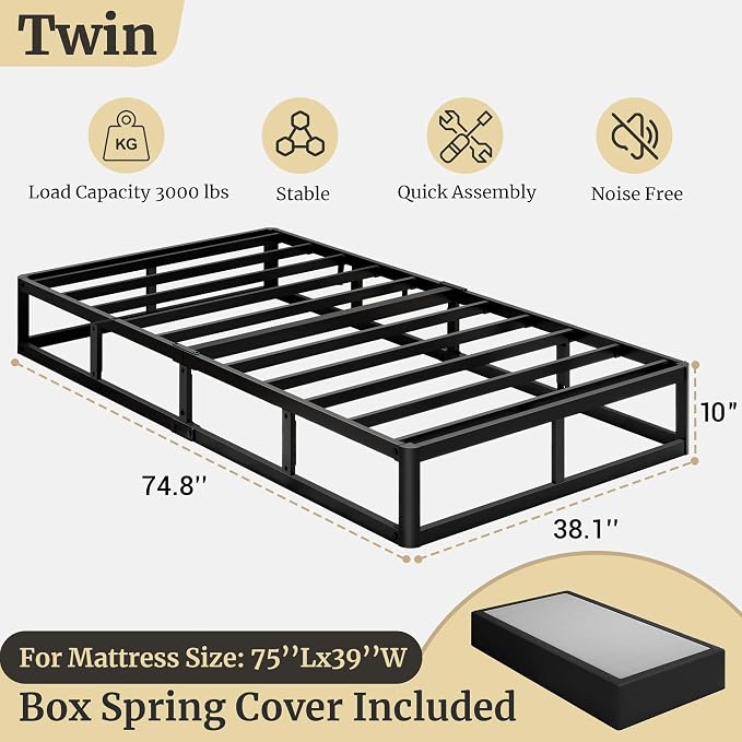 Awesofurni Twin Box Spring, 10 Inch High Profile Twin Box Spring Only, 3000 lbs Heavy Duty Metal Frame Mattress Foundation with Fabric Cover, Easy Assembly-Noise Free