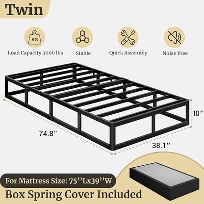 Awesofurni Twin Box Spring, 10 Inch High Profile Twin Box Spring Only, 3000 lbs Heavy Duty Metal Frame Mattress Foundation with Fabric Cover, Easy Assembly-Noise Free