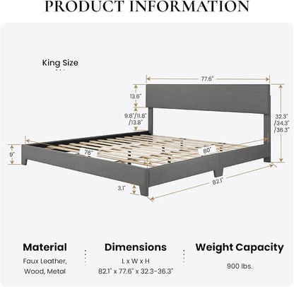 SHA CERLIN Linen Upholstered King Size Bed Frame with Headboard, Dark Gray | Adjustable Low-Profile Platform Bed, Minimalist Design, Stable Mattress Foundation, Strong Back-Support, No Box Spring Needed