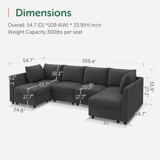 HONBAY Modular Sectional Sofa Couch with Storage, Modern U Shaped Sectional Sofa, Convertible Sectional Couch for Living Room - Snowflake Velvet Grey