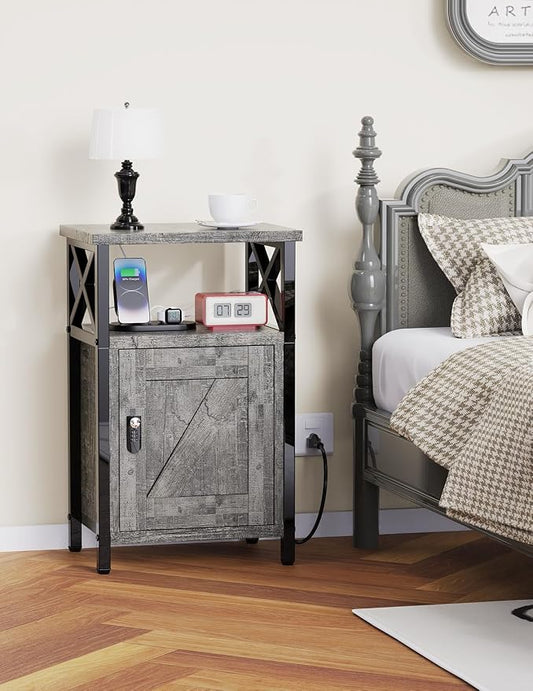 runjuly Wooden Nightstand with Lock, Bed Side Table with Drawers, Bedside Table with Charging Station, 3 USB & 2 Outlets, Night Stand with Cabinet Storage, End Tables for Bedroom, Ash Grey