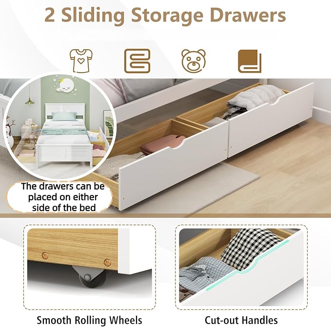KOMFOTT Twin Size Wood Bed Frame with 2 Storage Drawers, Mid Century Platform Bed Frame with Headboard, Sturdy Wooden Slats Support, Modern Mattress Foundation, No Box Spring Required, Easy Assembly