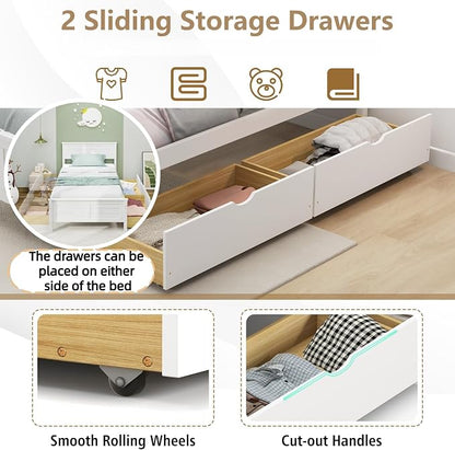 KOMFOTT Twin Size Wood Bed Frame with 2 Storage Drawers, Mid Century Platform Bed Frame with Headboard, Sturdy Wooden Slats Support, Modern Mattress Foundation, No Box Spring Required, Easy Assembly