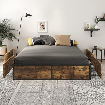 SHA CERLIN Full Size Bed Frame with Storage, 4 Extra Large Drawers on Wheels, Mattress Foundation, Strong Metal Slat Support, No Box Spring Needed, Easy Assembly