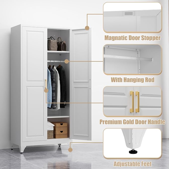 Armoire Wardrobe Closet with Hanging Rod, 71" Tall Metal Clothes Storage Cabinet with Doors and Adjustable Shelves, White Wardrobe Cabinet, Steel Closet for Bedroom, Bathroom, Office, School