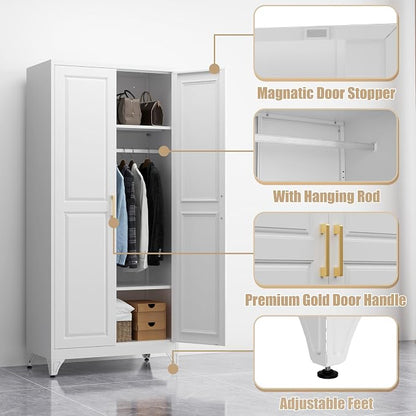 Armoire Wardrobe Closet with Hanging Rod, 71" Tall Metal Clothes Storage Cabinet with Doors and Adjustable Shelves, White Wardrobe Cabinet, Steel Closet for Bedroom, Bathroom, Office, School