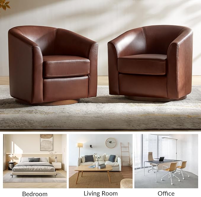 HULALA HOME Genuine Leather Swivel Barrel Chairs Set of 2, Round Swivel Accent Chairs with Solid Wood Base, Leather Barrel Accent Chair for Living Room, No Assembly Required, Brown