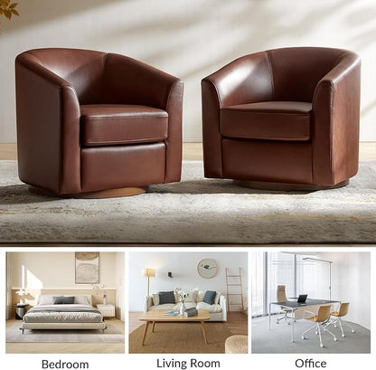 HULALA HOME Genuine Leather Swivel Barrel Chairs Set of 2, Round Swivel Accent Chairs with Solid Wood Base, Leather Barrel Accent Chair for Living Room, No Assembly Required, Brown
