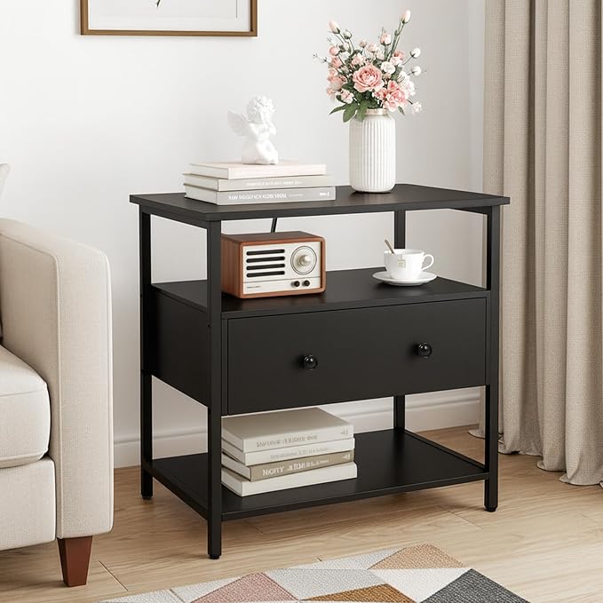 Edbuosy 27 Inch Wide Night Stand with Charging Station, Wood Nightstand with Open Shelf, Large Drawer Bedside Table for Living Room/Bedroom/Office, Black