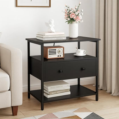 Edbuosy 27 Inch Wide Night Stand with Charging Station, Wood Nightstand with Open Shelf, Large Drawer Bedside Table for Living Room/Bedroom/Office, Black