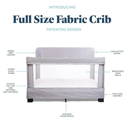 Baby Delight Horizon Full Size Crib, Breathable Mesh Walls, Tool-Free Assembly Baby Bed, Luxe Quilted Easy to Clean Fabric, Grey