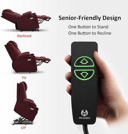 MCombo Power Lift Recliner Chair for Elderly R7045(Sangria, Medium-Wide) | Heat and Massage, Breathable Fabric, USB& Type C Charging Port, FSC Certified