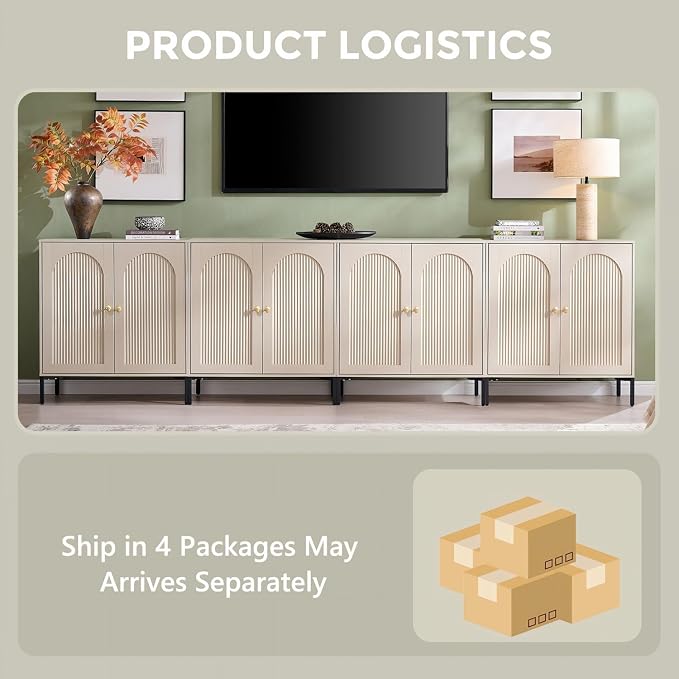 IFGET Modern Buffet Cabinet with Storage, 123.5" W Fluted Arched Sideboard Cabinet w/Adjustable Shelves, Wooden Modular Coffee Bar for Dining Room, Kitchen, Living Room, Entryway, Cream