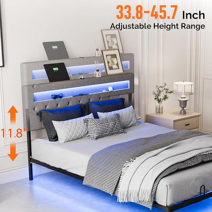 VINGLI Queen Floating Bed Frame with Headboard Heavy Duty Metal Frame, Storage Shelf, LED Lights Charging Station, Modern Platform Bed, Adjustable Headboard, No Box Spring Needed, Grey