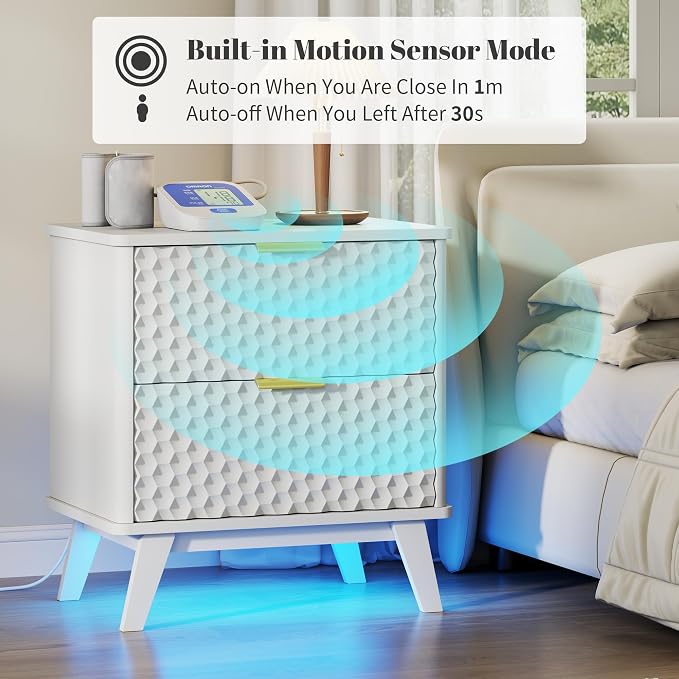 LVSOMT Smart Nightstand with Charging Station and LED Lights, 23.62" Wide Night Stand with 2 Drawers, Motion Sensor Motion-Activated Underlight, Honeycomb Bedside Table for Bedroom, White