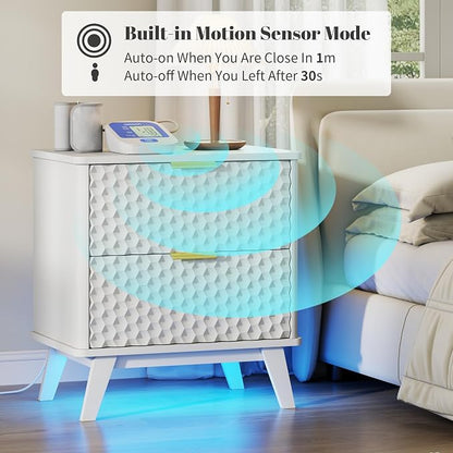 LVSOMT Smart Nightstand with Charging Station and LED Lights, 23.62" Wide Night Stand with 2 Drawers, Motion Sensor Motion-Activated Underlight, Honeycomb Bedside Table for Bedroom, White