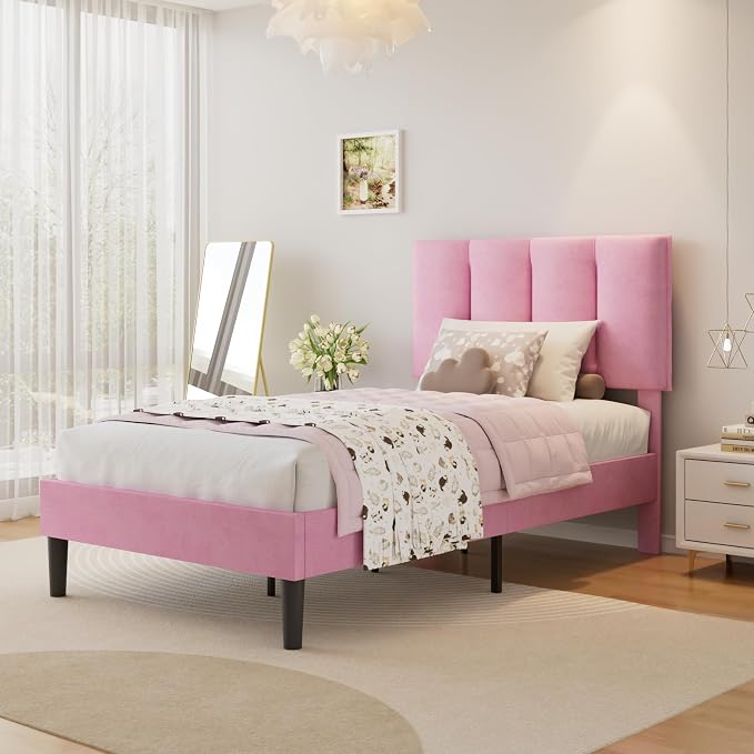 VECELO Twin Size Bed Frame with Upholstered Headboard, Heavy-Duty Bedframe with Wooden Slats & Steel Framework, Easy Assembly, Velvet & Pink