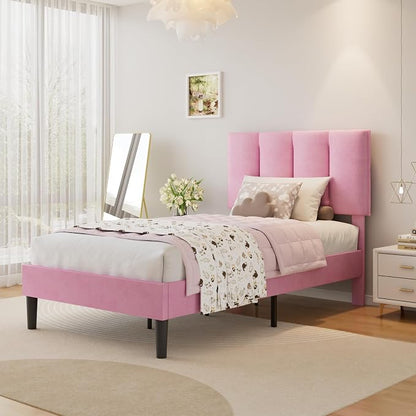 VECELO Twin Size Bed Frame with Upholstered Headboard, Heavy-Duty Bedframe with Wooden Slats & Steel Framework, Easy Assembly, Velvet & Pink