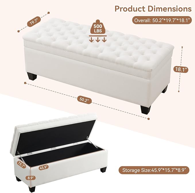 WUTUTUEE 51" Fabric Storage Ottoman Bench, Upholstered Rectangle End of Bed Storage Ottoman Tufted Living Room Bedroom Bench with Safety Hinge, Solid Wood Legs, Loads 500 lb(Beige)