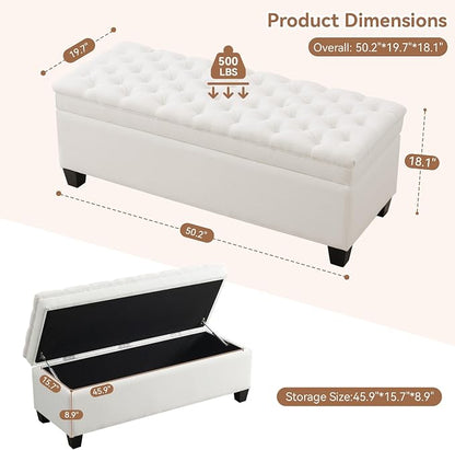 WUTUTUEE 51" Fabric Storage Ottoman Bench, Upholstered Rectangle End of Bed Storage Ottoman Tufted Living Room Bedroom Bench with Safety Hinge, Solid Wood Legs, Loads 500 lb(Beige)