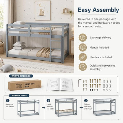 Twin Over Twin Bunk Bed, Low Profile Wooden Frame for Kids Bedroom, Floor Bunk with Ladder and Guardrails, Rubber Wood Construction, 13 Plywood Slats, No Box Spring Needed (Grey)