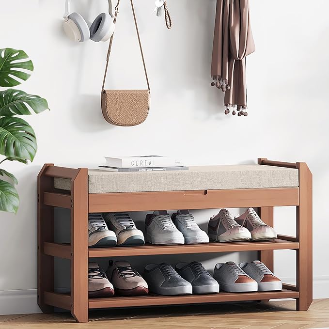 27.6" Bamboo Shoe Bench with Cushion, 2-Tier Storage Bench for Entryway, Heavy Duty Shoe Rack Organizer with Removable Soft Cushion for Living Room Bedroom Hallway