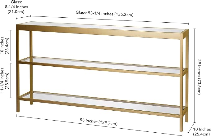 Henn&Hart 55" Wide Rectangular Console Table in Brass, Entryway Table, Accent Table for Living Room, Hallway | Open lower shelves adds practical storage while the glass design keeps spaces feeling bright for living rooms or entryways