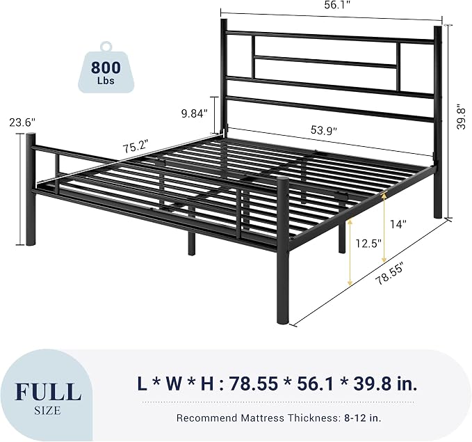 Allewie 14 Inch Full Size Metal Platform Bed Frame with Headboard and Footboard, Underbed Storage, Strong Metal Slats Support, Mattress Foundation, No Box Spring Needed, Easy Assembly, Black