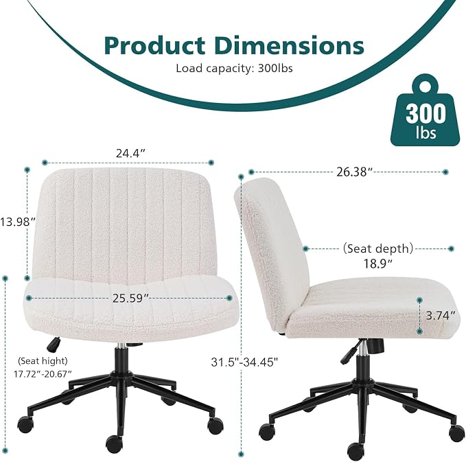 OLIXIS Criss Cross Chair with Wheels Wide Cross Legged Office Desk Vanity Chair Comfy Fabric Armless Adjustable Swivel for Home Computer Task Teddy Beige