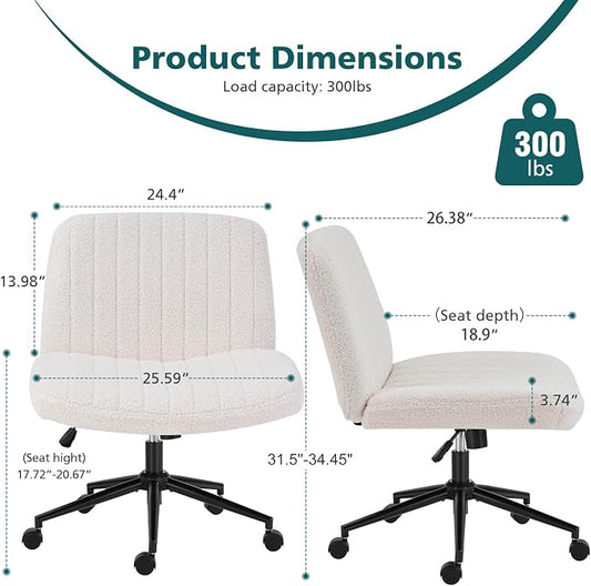 OLIXIS Criss Cross Chair with Wheels Wide Cross Legged Office Desk Vanity Chair Comfy Fabric Armless Adjustable Swivel for Home Computer Task Teddy Beige
