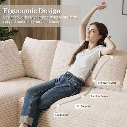 131" Oversized U Shaped Cloud Sectional Couches for Living Room, Comfy Fluffy Corduroy Beige Boneless Sectionals Couch, Plush Memory Foam Modular Sectional Sofa with Chaise- 19" Seat Height