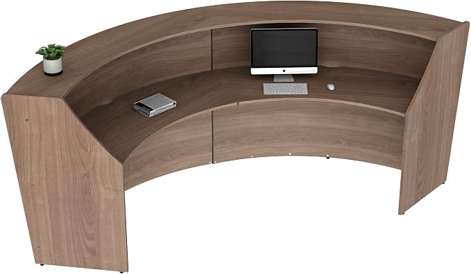 Linea Italia Curved Modern Office Desk Easy to Assembly 2 Panel Reception Counter for Lobby, Salon, 124" x 49", Walnut