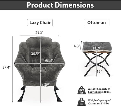 Youtanic Lazy Chair with Folding Ottoman, Accent Chair Plush Upholstered with Metal Structure and Non-Slip Pads, Sofa Armchair with Footrest and Side Storage Bag for Dorm, Room, Office, Dark Gray