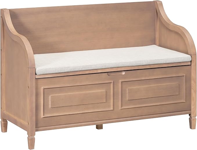Knocbel Rustic Entry Storage Bench with Hidden Compartments and Removable Cushion, Wooden Entryway Hallway Foyer Shoe Bench Bedroom End of Bed Bench, 250lbs Weight Capacity (Brown)
