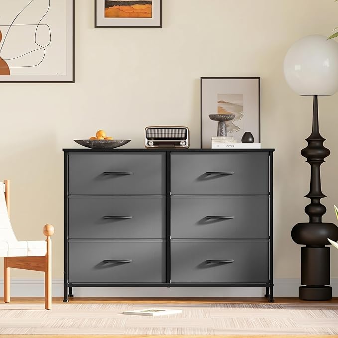 DUMOS Bedroom Dresser for Closet, Fabric Dresser, Chest of 6 Drawers | Storage Organizer, Small Space TV Stand for Living Room, Anti-tip and Wooden Top, Home Furniture, Grey