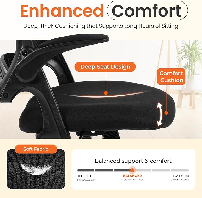 NEO Chair Office Chair Gaming Desk Computer Mesh Ergonomic Chair with Flip-up Arms Comfy Lumbar Support Adjustable Height Rolling Wheels Chair for Home Office (Black)
