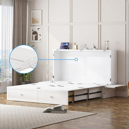 PUREMIND Queen Murphy Bed with Mattress Included, Folding Convertible Bed, Hideaway Cabinet Bed with Storage Drawer & USB Charging Station, Space Saving Wallbed for Small Spaces, White
