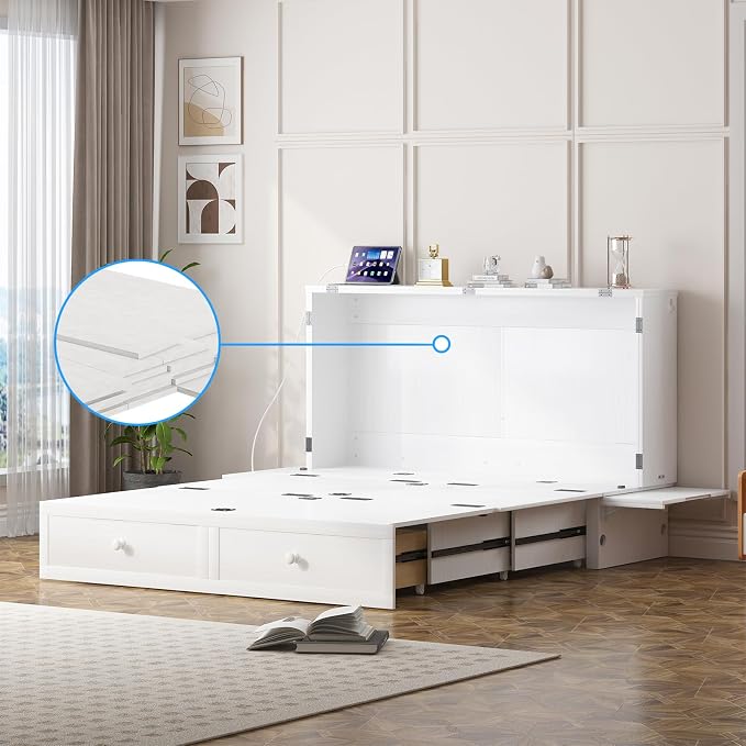 PUREMIND Murphy Bed Queen with Mattress Included, Hideaway Wallbed Cabinet Bed with 2 Storage Drawers, USB Charging Ports & Headboard, Space-Saving Chest Beds for Home, Guest Room, White