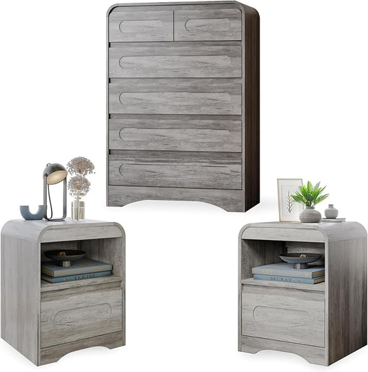 3 Piece Bedroom Set, Dresser and Nightstand Sets for Bedroom | Wood 6 Drawer Dresser & Night Stand Set of 2, Tall Chest of Drawers Modern Storage Cabinet Bedroom Furniture Set, Grey