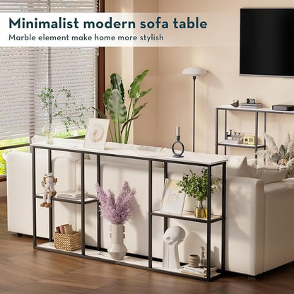 WOHOMO Console Table, Small Modern Entryway Table for Entry, 3-Tier Long Sofa Table Behind Couch for Living Room, Entrance, White Marble (63 inch)