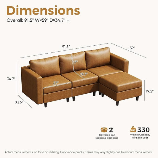 ABCASA L-Shaped Leather Couch, 4 Seater Oversized Faux Leather Couch with Waterproof Covers, Modular Sectional Modern Couch with Movable Storage Seat Ottoman for Living Room, Bedroom Apartment,Brown