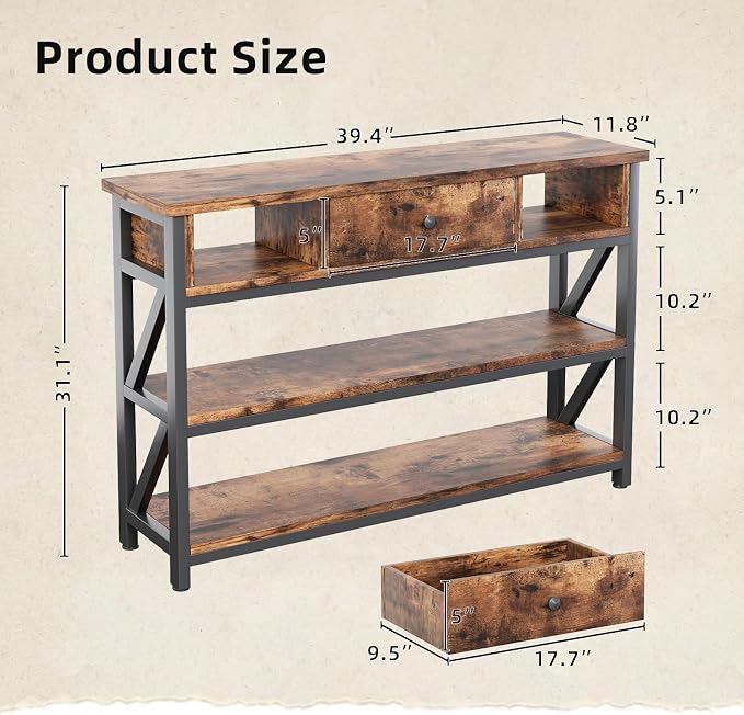 Mexin 39 Inch Console Sofa Table with Drawer, Entryway Table with Storage Shelves, Industrial Wood Hallway Table for Living Room Couch Foyer Kitchen Counter, Rustic Brown