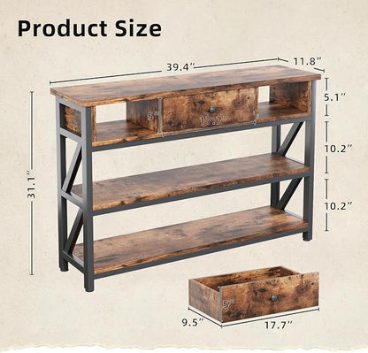 Mexin 39 Inch Console Sofa Table with Drawer, Entryway Table with Storage Shelves, Industrial Wood Hallway Table for Living Room Couch Foyer Kitchen Counter, Rustic Brown
